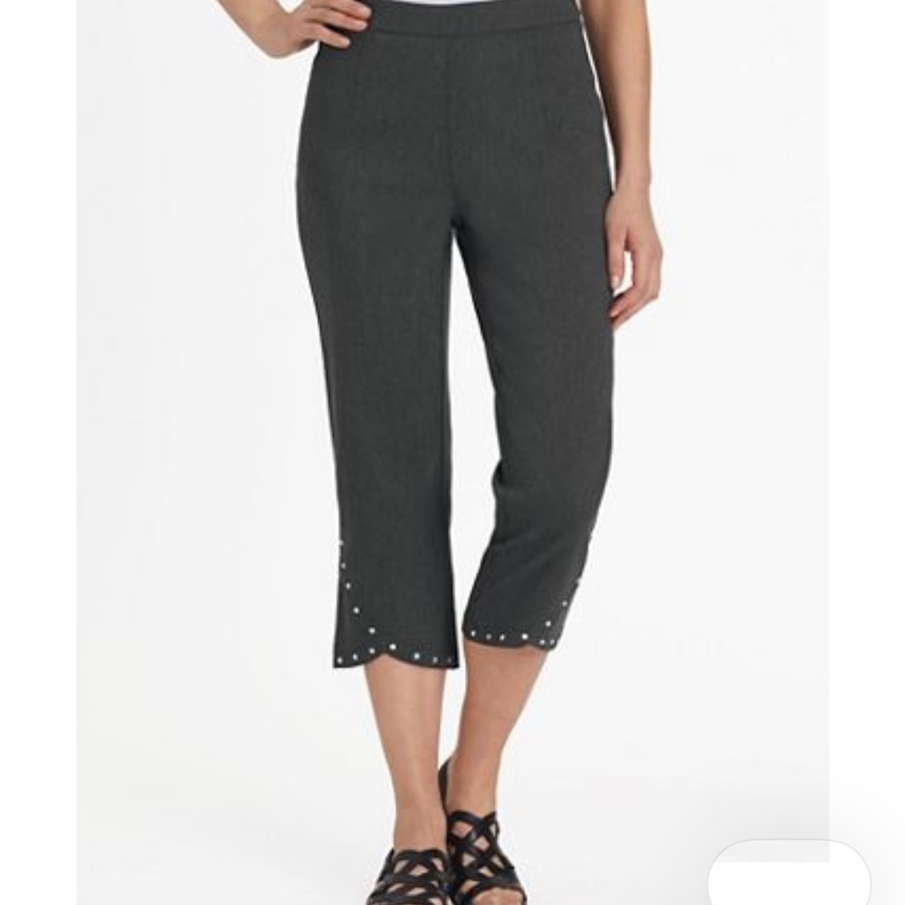 Blair Pull on slimming grey capris with rhinestones on bottom - tulip hemline